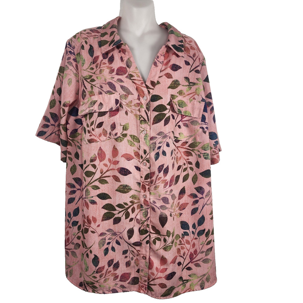 Denim & Co. Womens Printed Woven Button Front Short Sleeve Tunic Floral Pink 2X